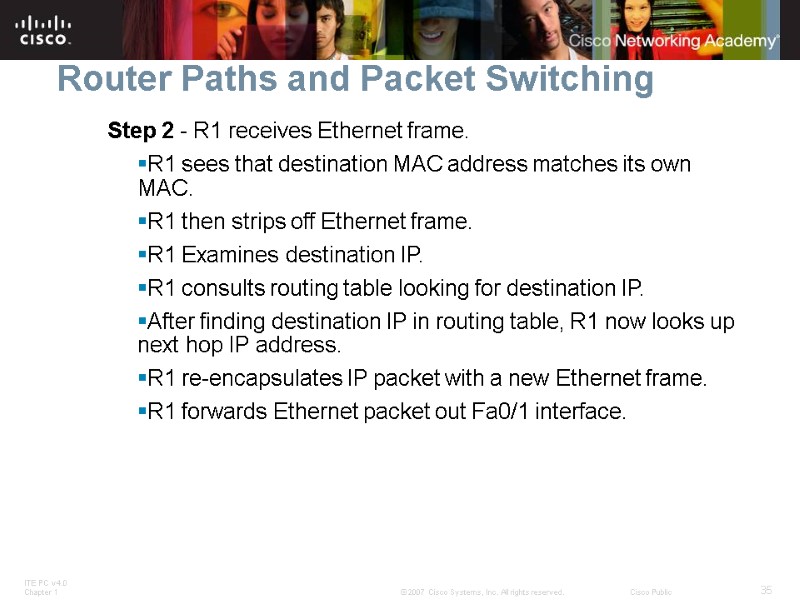 Router Paths and Packet Switching Step 2 - R1 receives Ethernet frame.  